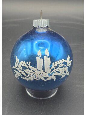 Vintage MCM Shiny Brite Blue Candle Stenciled Mercury Glass Christmas Ornament